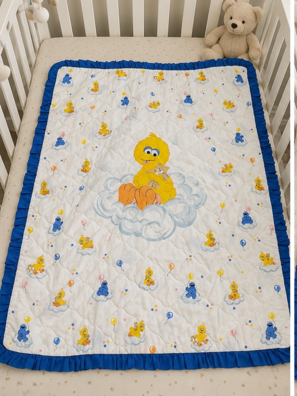 Vintage 1980s Sesame Street Big Bird Cookie Monster Handmade Baby Quilt
